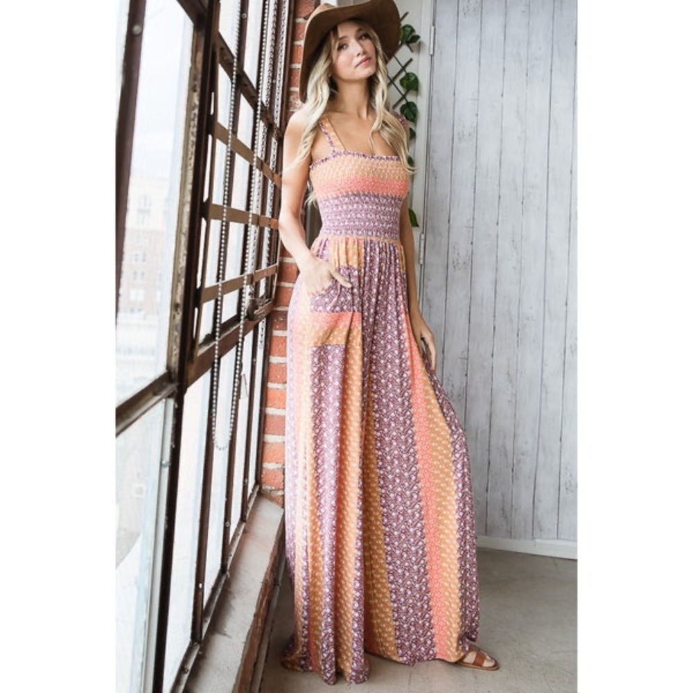 BUCKETLIST Boho Smocked Patchwork Wide Leg Jumpsuit  -Size M